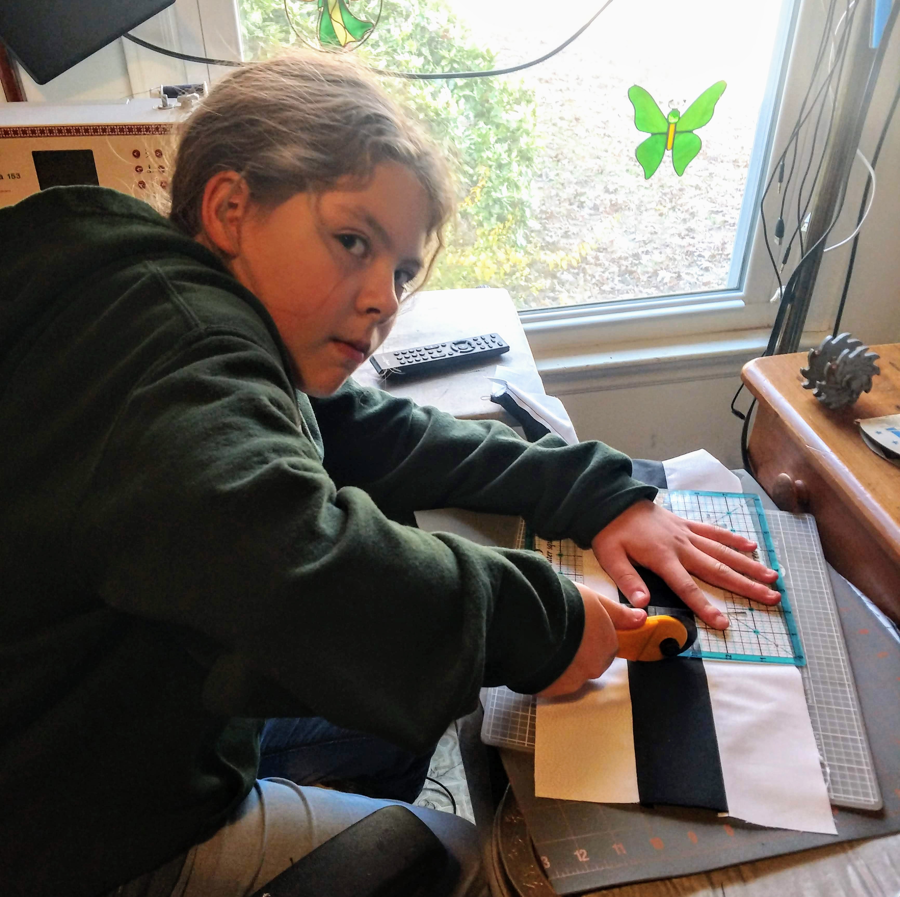 Marion is cutting three inch blocks